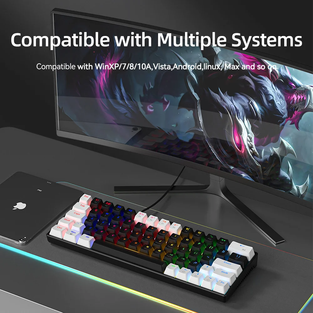 Imagem -04 - Teclado Ergonômico para Jogos Interruptor Azul ou Vermelho Teclado Retroiluminado Rgb Layout de Layout com Fio 60 Usb-c com Fio Mecânico 63 Teclas