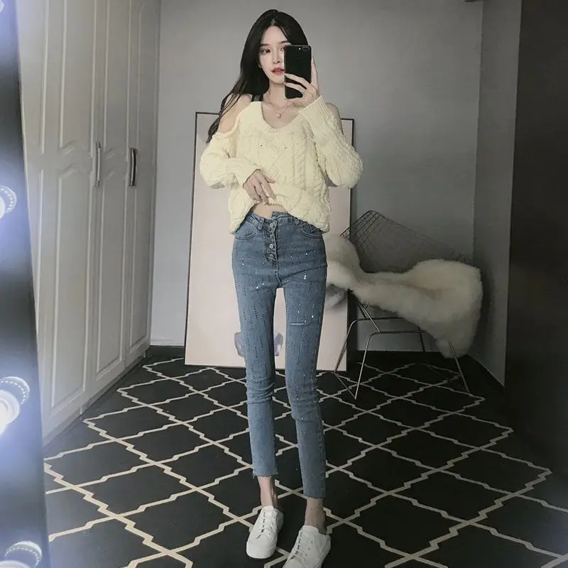 2026 New Women's Jeans High Waist Skinny Denim Pants Ripped Distressed Sequin Slim Fit Stretch Ankle Length Casual Trouser