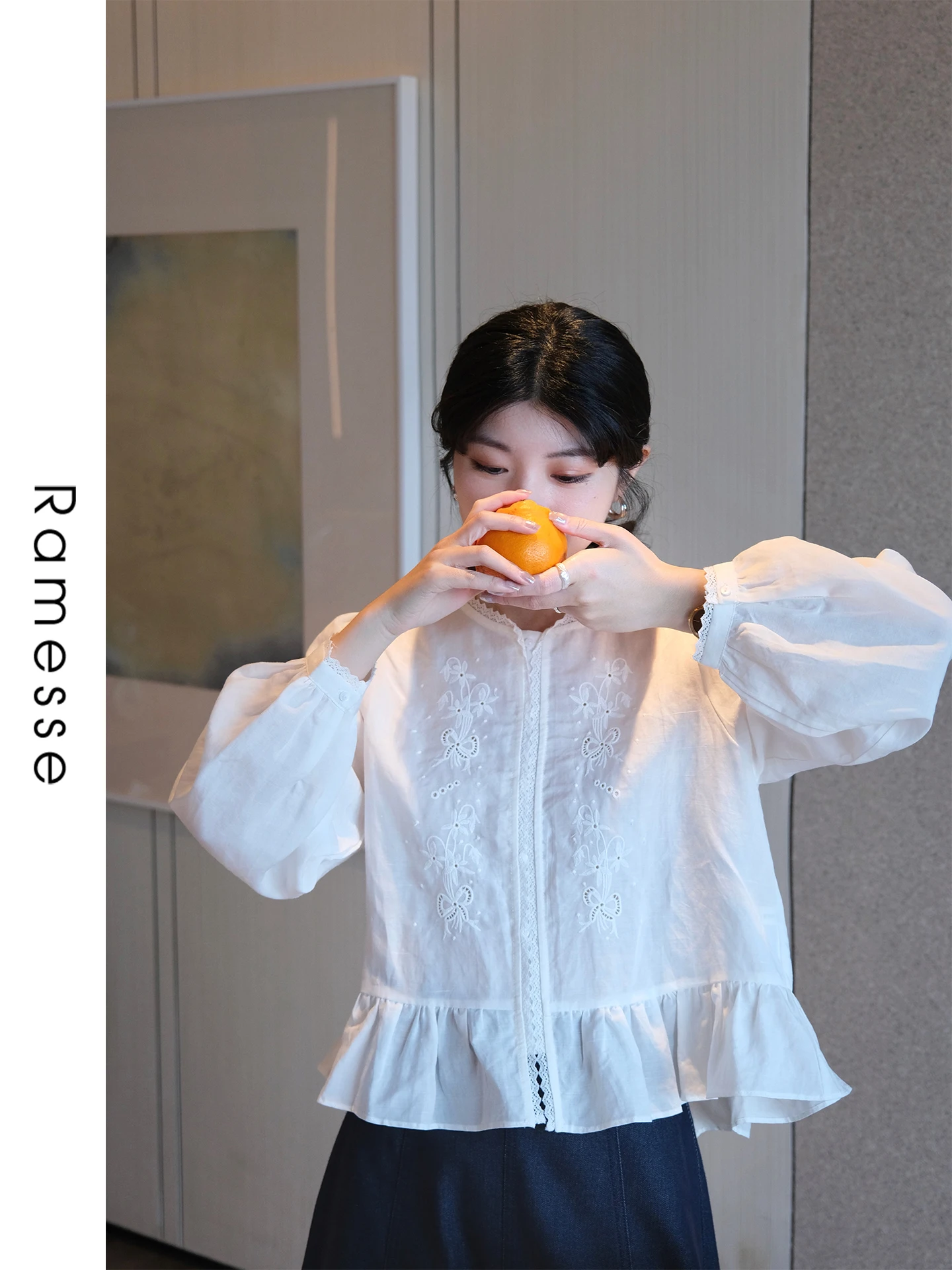 

Ramesse Artistic Long Sleeve Women's Shirt Embroidered Heavy Work Linen Fabric Breathable round Neck Long Dress Shirt