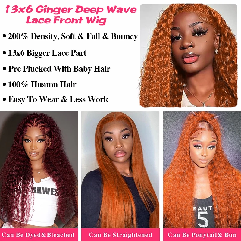 38 بوصة الزنجبيل البرتقال موجة المياه الدانتيل الجبهة باروكة من شعر طبيعي 13x4 13x6 موجة عميقة الدانتيل الباروكة الأمامية شعر بشري مجعد 200 الكثافة