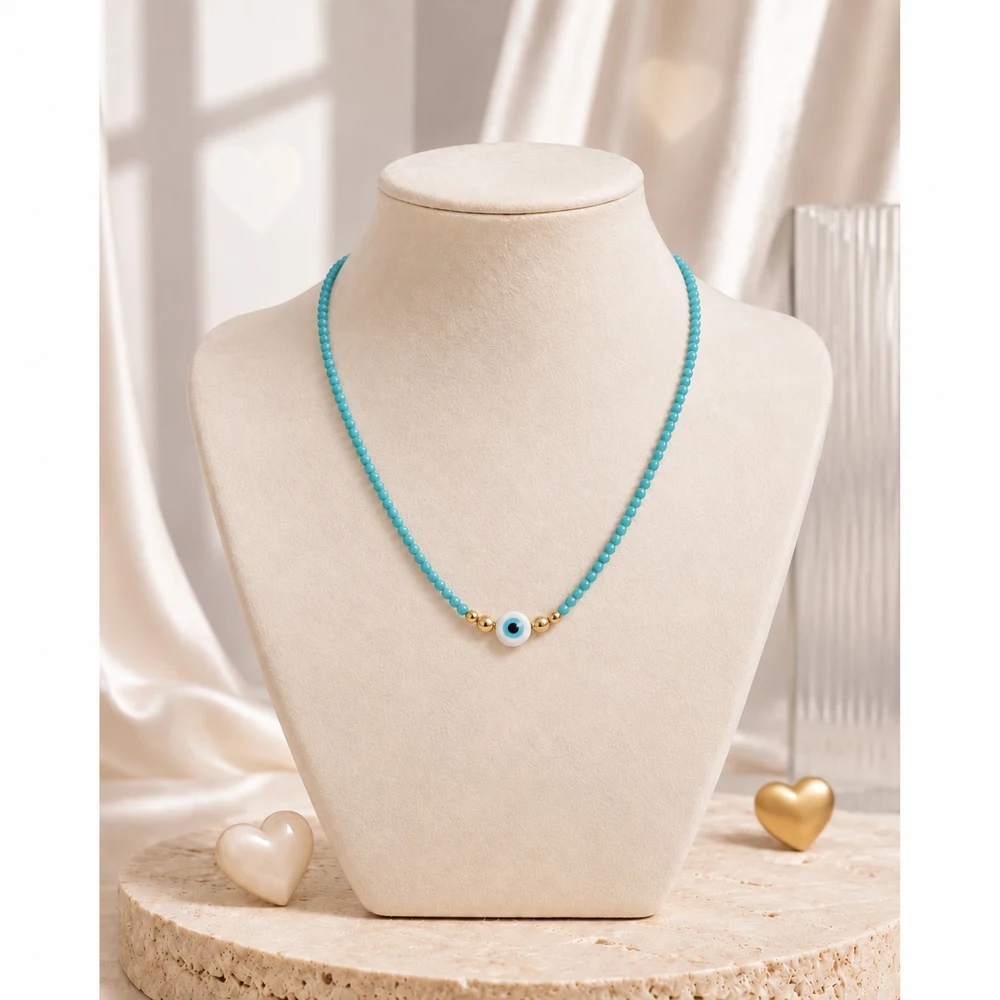 1pc Blue Crystal Beaded Evil Eye Pendant Necklace Gold Tone Stainless Steel Bohemian 42cm Chain for Party Women
