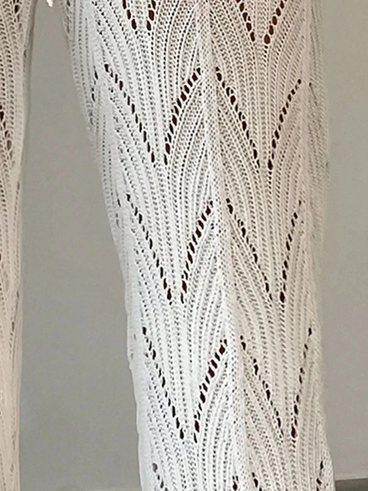 Weiße Damen-Häkelhose mit hoher Taille und weitem Bein, ausgehöhlte Strickhose für den Sommer und den Strandurlaub – Detail 4