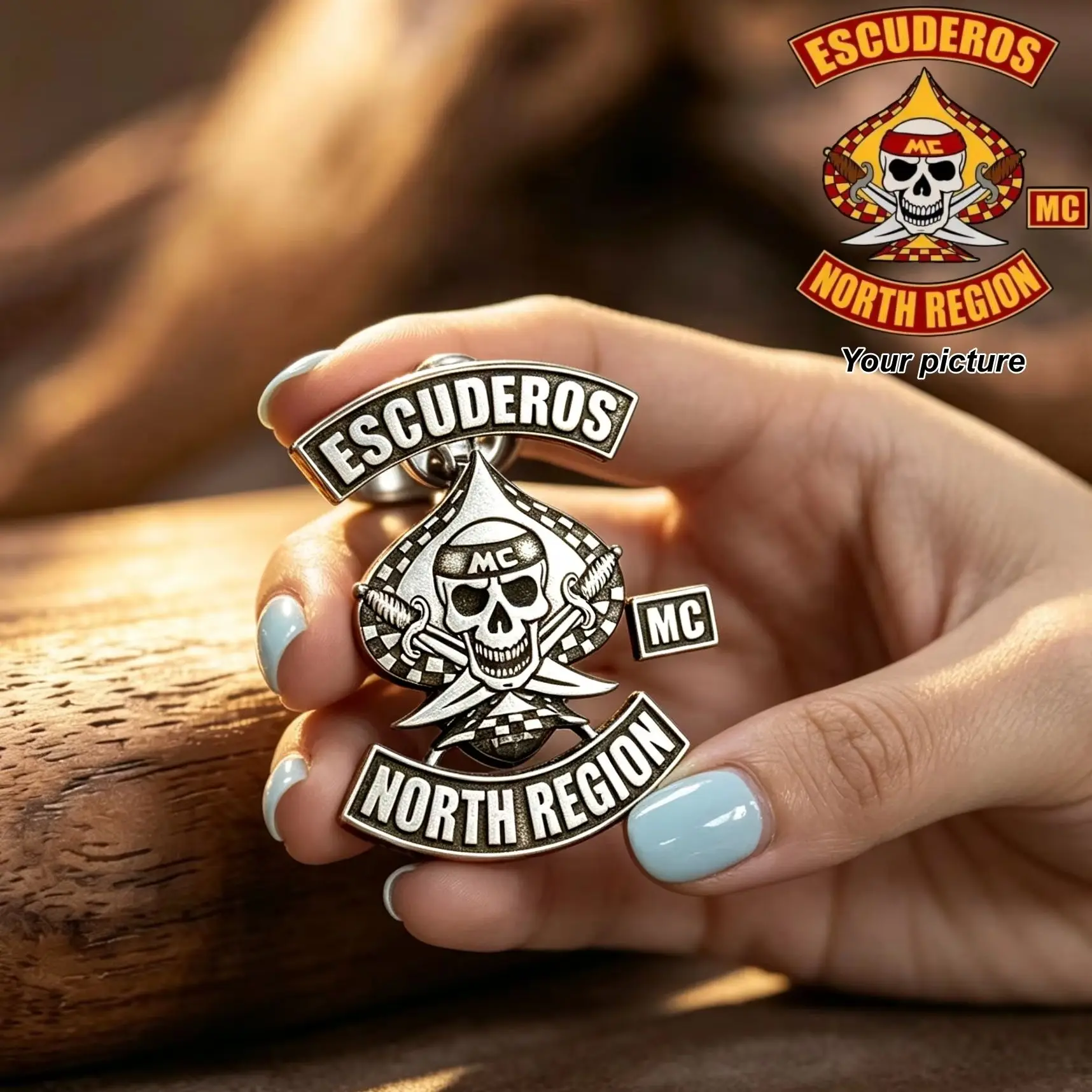Custom Logo Photo Brooch/Necklace Personalized 2D Engrave Stainless Steel Cool Motorcycle Club Pin Jacket Hat Accessory Gift