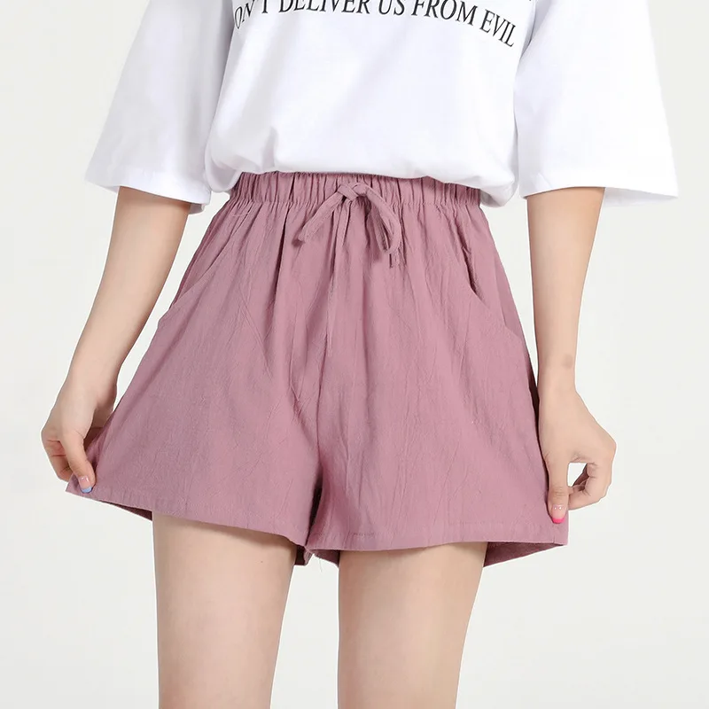 Plones Cortos de Mujer de Cintura Alta y Pierna Ancha de Aodón y Lino con Cordón, Estilo Nuevo de Verano, Capa Base, La...