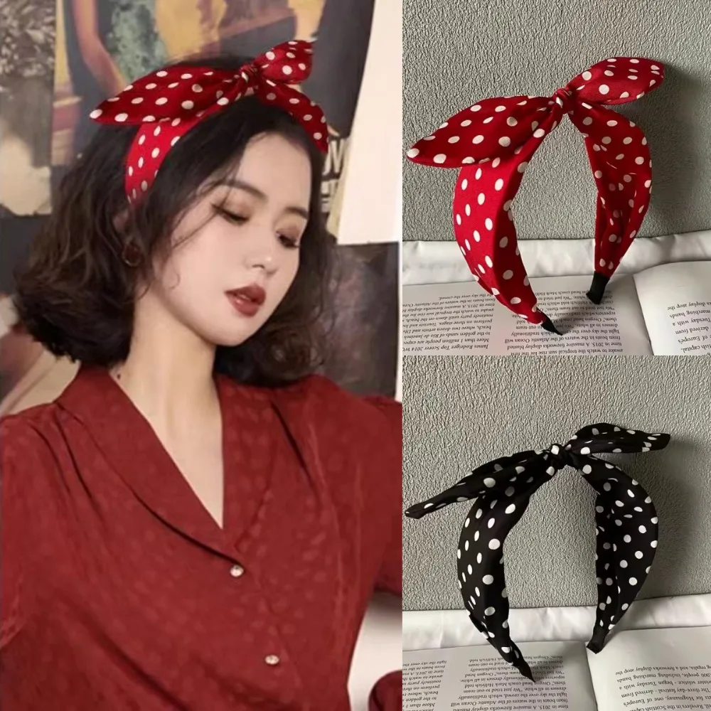 Retro Weinrotes Polka-Dot Haarband mit Schleife für Frauen, Niedliches Hasenohren-Knotenband, Rutschfestes Erwachsenen-Haarband