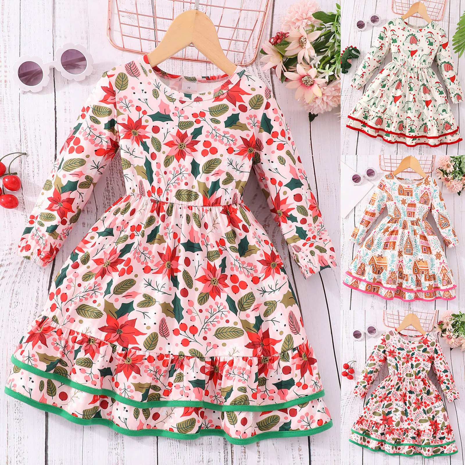 Baby Girls Christmas Dress Long Sleeve Fall Winter Boutique Dresses Fashion Kids Christmas Santa Print Clothes For 2 to 7Y Girls