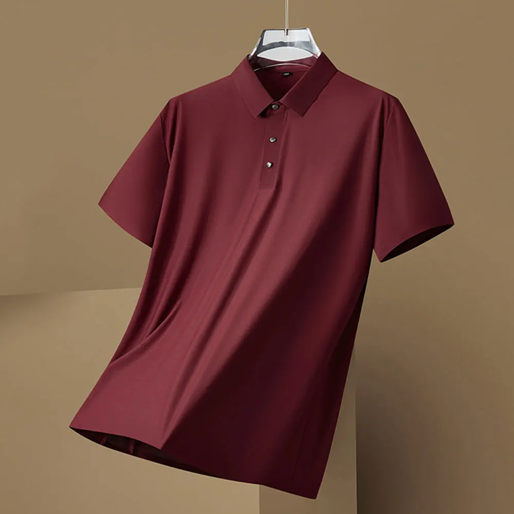 Oversized 2024 Summer Men's Business Polo T-shirt Ice Silk Short Sleeved Solid Tee Lapel Button Anti-wrinkle T-shirts 90-120KG