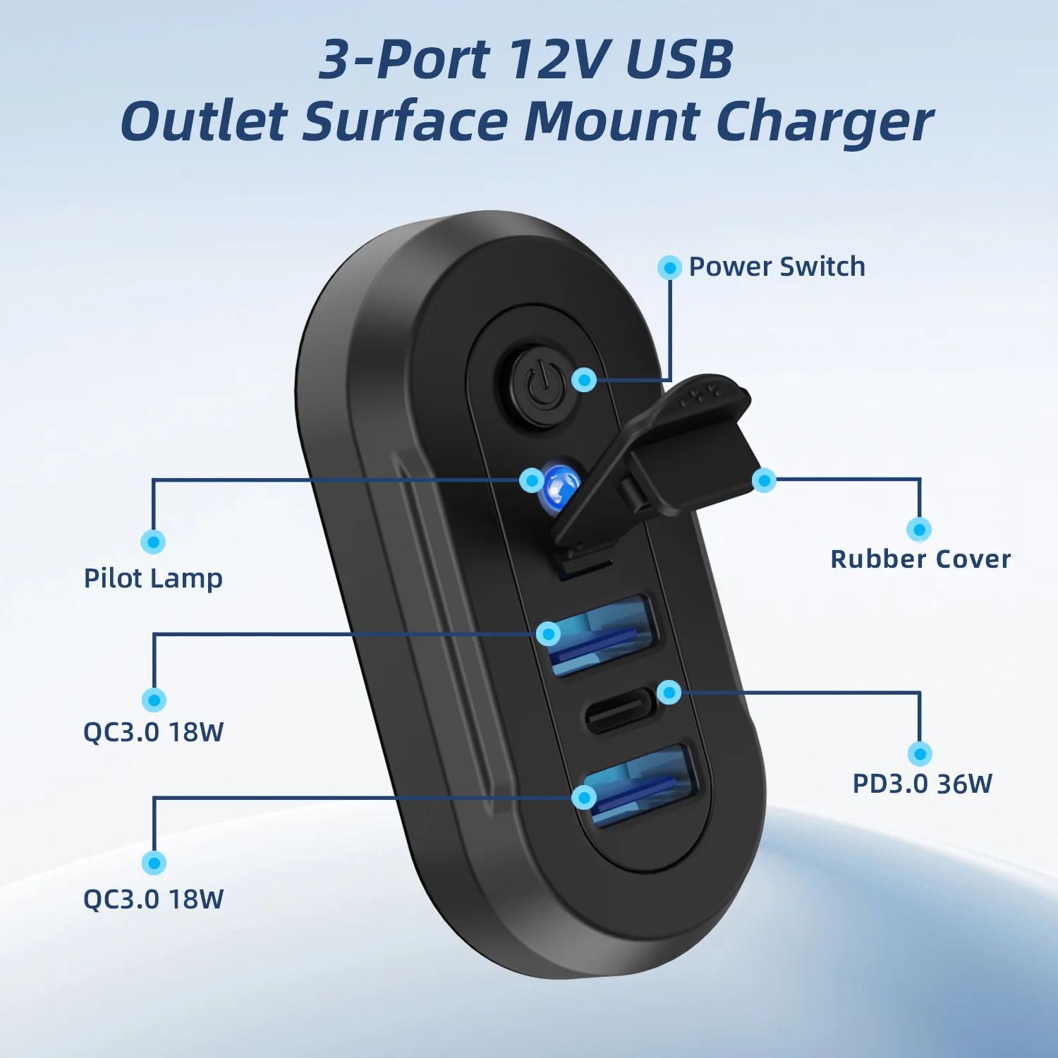 3-Ports Car USB Charger Socket 36W PD3.0 18W QC3.0 Port Fast Charge Adapter Waterproof for Truck Boat Motorcycle Car Accessories