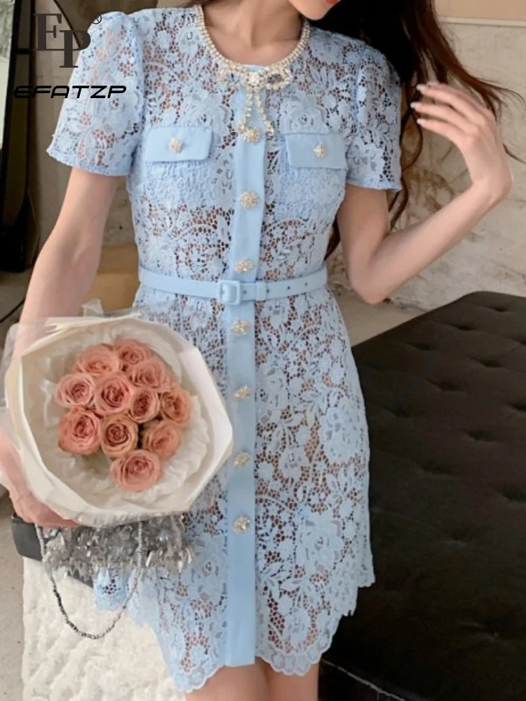 Brand Quality Summer Holiday Diamonds Crystal Bow Floral Embroidery Blue Lace Party Dress Women\'s Short Sleeve Mini Dresses