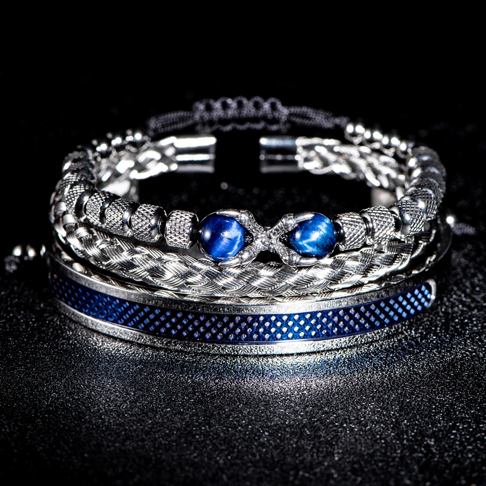 3pcs/set Luxury Set Men Bracelet Stainless Steel Handmade Rope Bangles Men Eagle Bracelets Tigereye Natural Stone Accessories