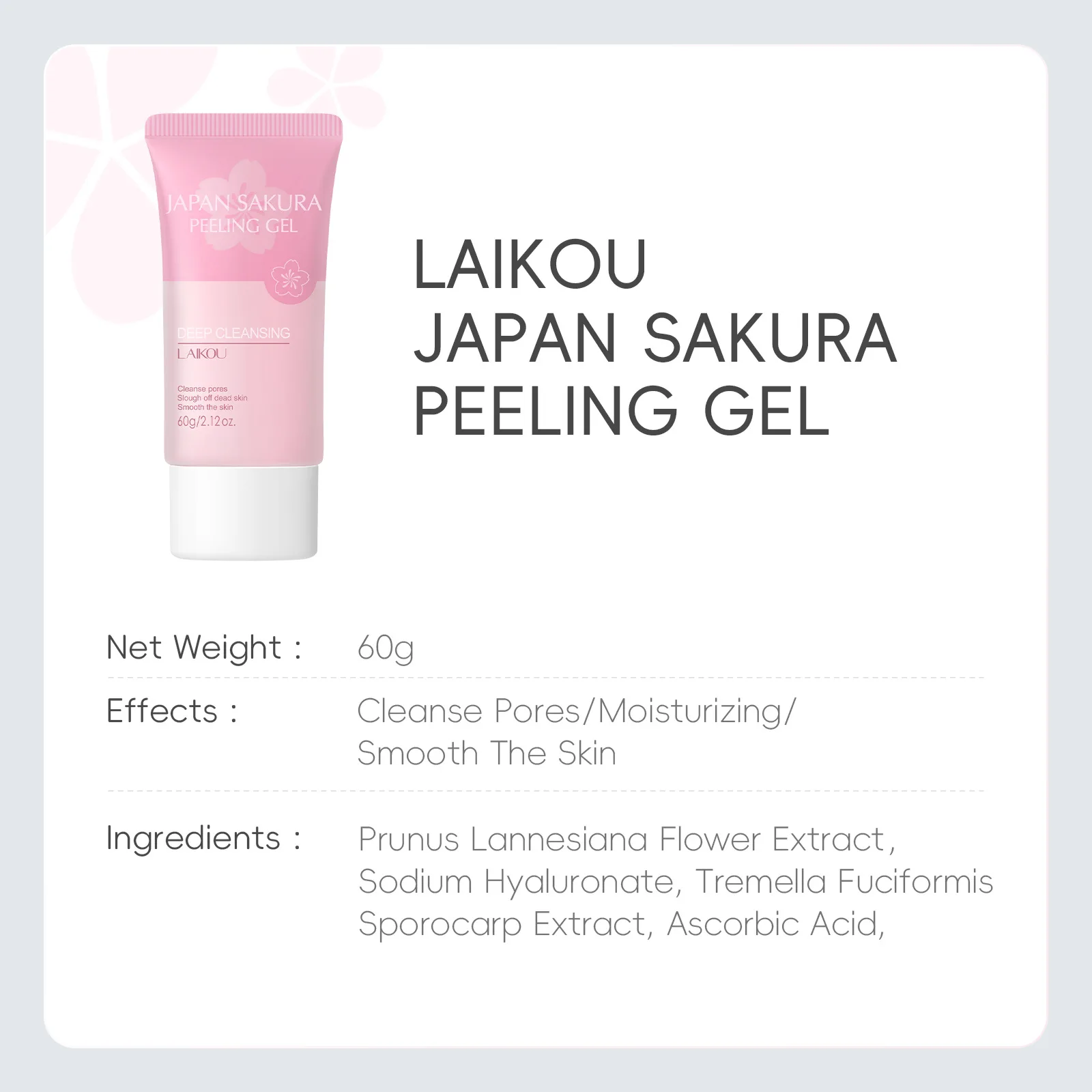 LAIKOU  Sakura Peeling Gel, Deep Cleansing Face Exfoliator, Remove Dead Skin Smooth Skin Gentle Exfoliating Scrub 60g