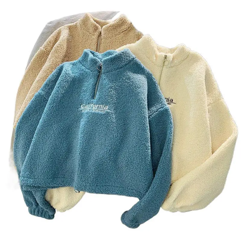 Half High Collar Sweatshirt Faux Lamb Wool Sweatshirt Thick Warm Zipper Sweatshirt Casual Short Crop Jacket For Women