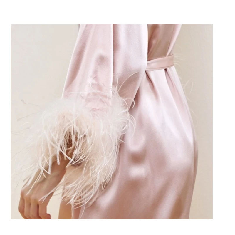 Luxury Mulberry Silk Women's Pajamas Baby Blue Silk Casual Home Wear Feather Cuff Decoration High-end Women Comfortable Loose - view 6