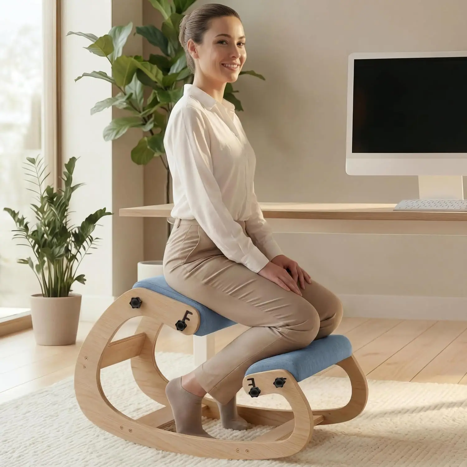 Ergonomic Kneeling Chair With Adjustable Seat Heights Rocking Posture Correction Stool Thick Cushion Knee Desk Chair For Back Pain Relief Home Office Wood