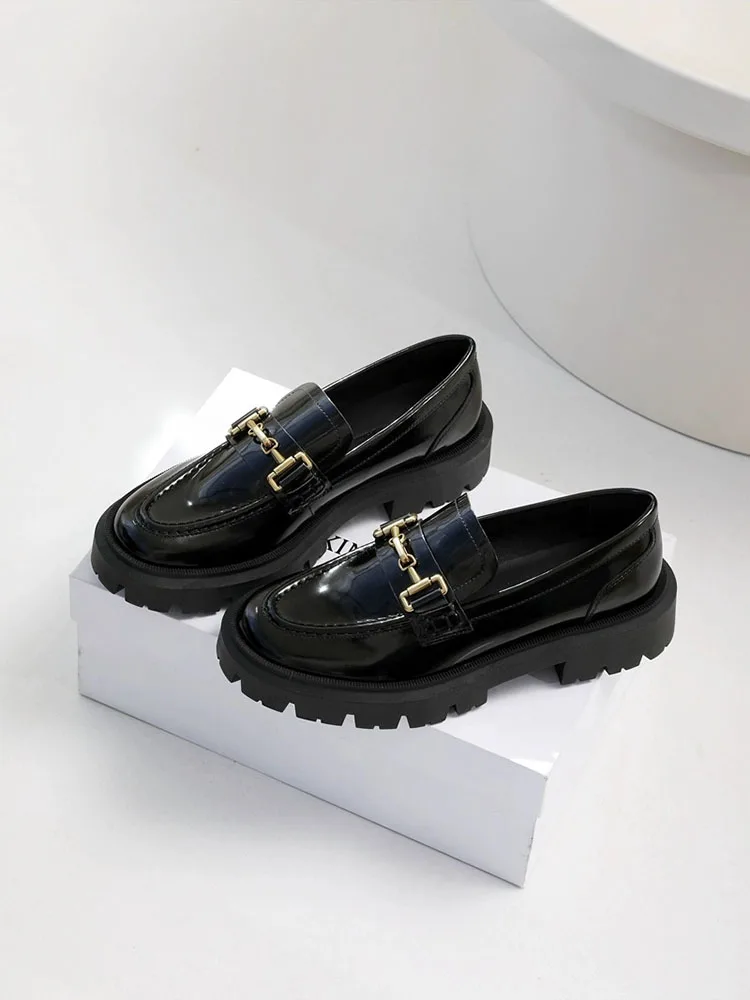 MOOQDAAX Loafer Platform Women Cow Leather Metal Chain Round Toe Sewing Slip on Ladies Chunky Heel Shoes Platform Kawaii Shoes