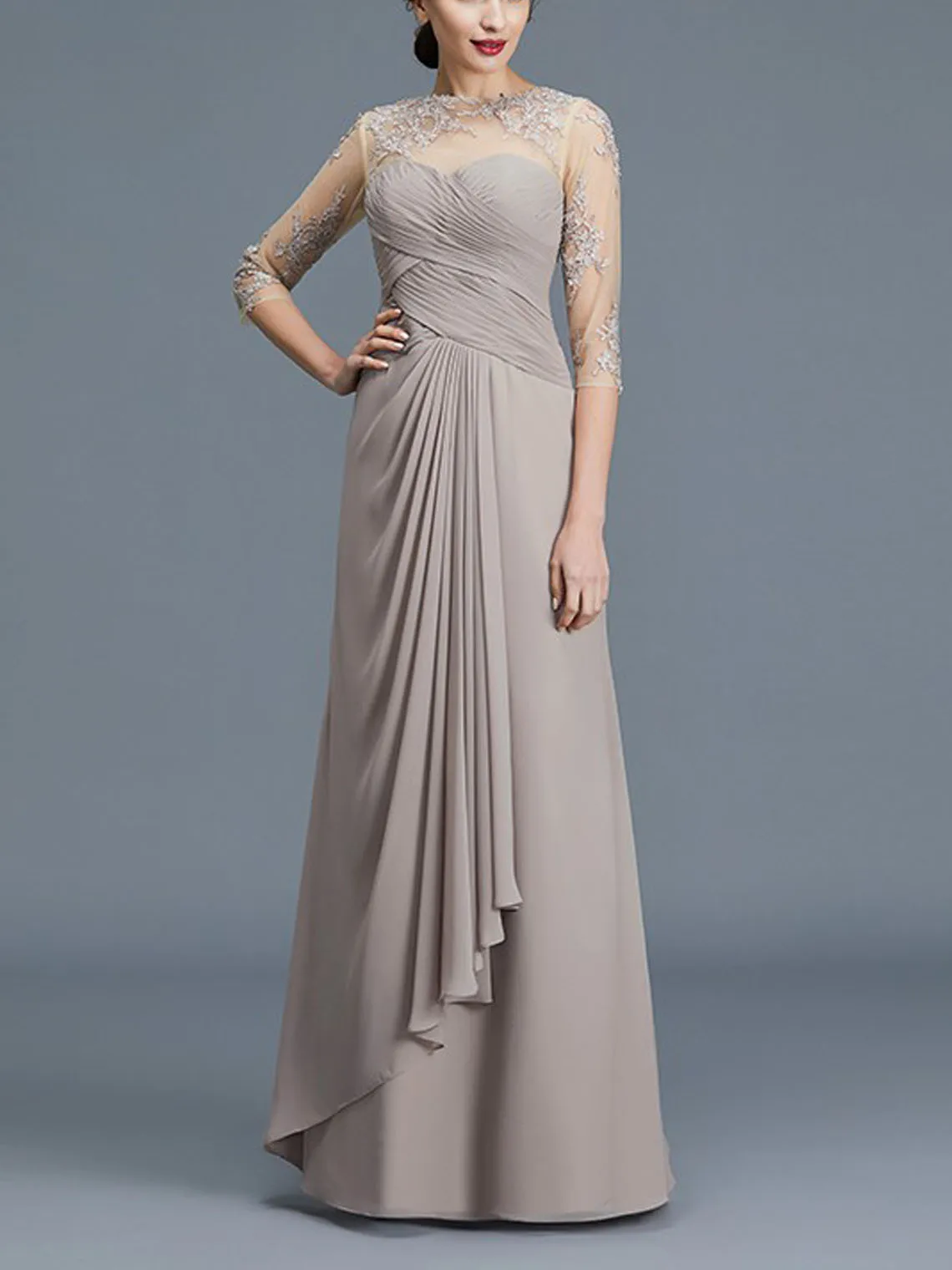 

Elegant A-Line Mother of the Bride Dress Chiffon Pleated Applique Sheer Neck 3/4 Sleeves Floor-Length Dress 2025 free customized