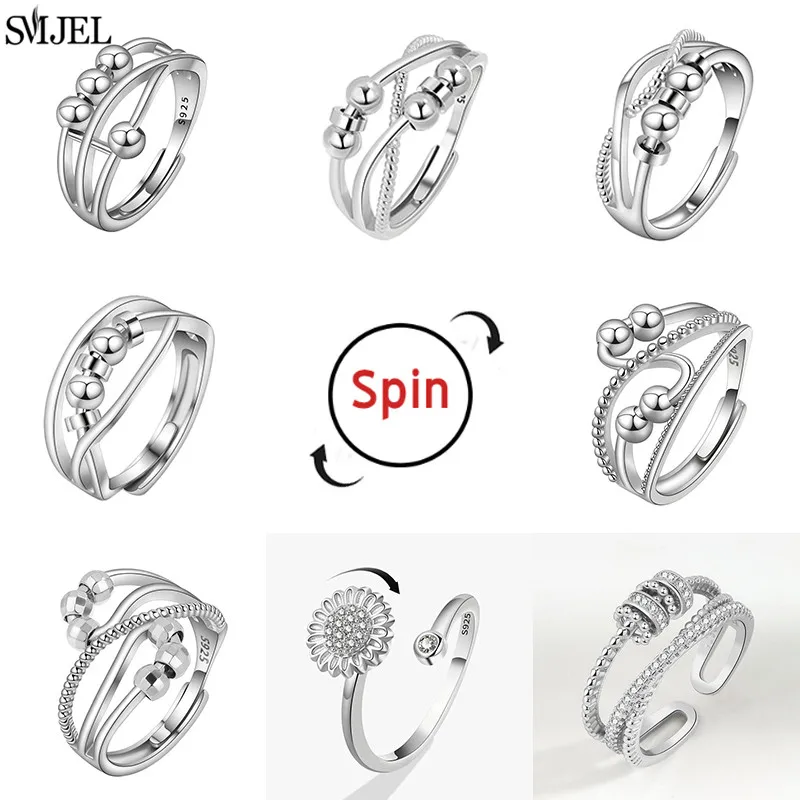 Simple Metal Beads Anxiety Ring Stress Relief Fidget Rings for Women Men Rotate Freely Antistress Spiral Rotate Jewlery