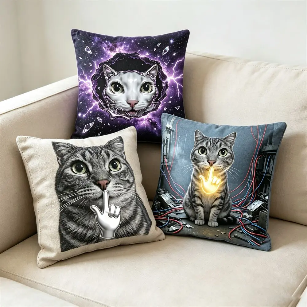 Funny Explosion Cat Meme Throw Pillow Cover Cute White Cat With Nuclear Cloud Cushion Case Novelty Funny Design For Home Decor