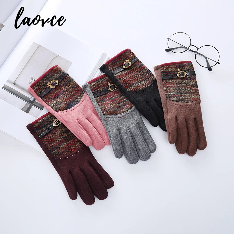 

Women Winter Fashion Retro Gloves Lady Cycling Driving Windproof Warm Mittens Femal Outdoor Thicken All Fingers Gloves T213