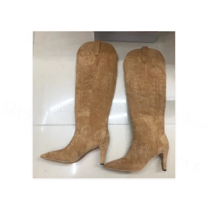 موضة أشار تو المرأة أحذية طويلة التطريز فوق الركبة أحذية عالية الكعب مثير أحذية ركوب الخيل أحذية طويلة أسود الدنيم الأزرق #1