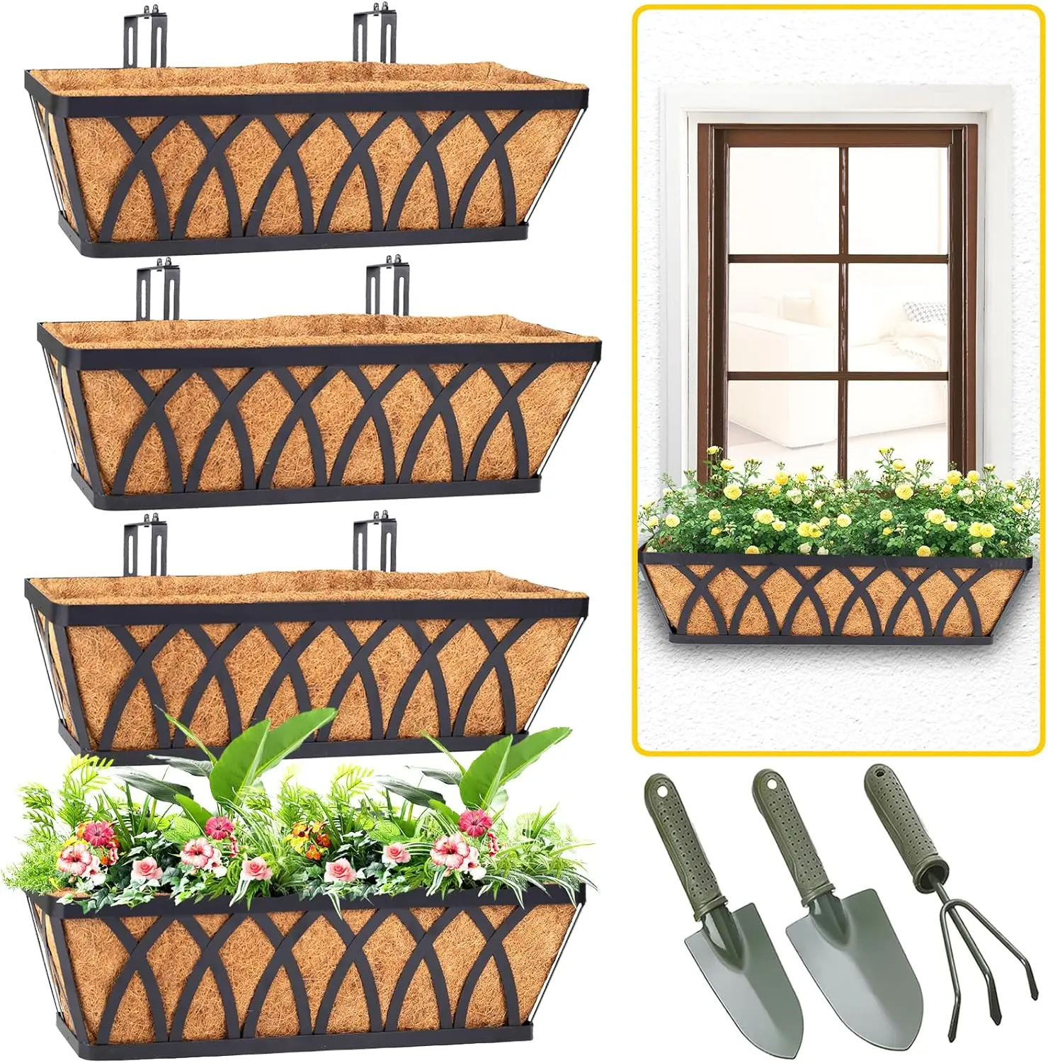

24 Inch Railing Planter Box Set of 4 with Coco Liners for Balcony Window Outdoor Decor