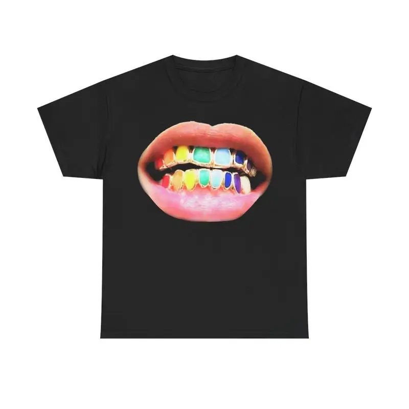 

Rainbow Teeth T-shirt, Grillz Graphic Tee, Hip Hop Streetwear Top, Funny Mouth Print, Cool Rapper Outfit, Unisex Casual Shirt