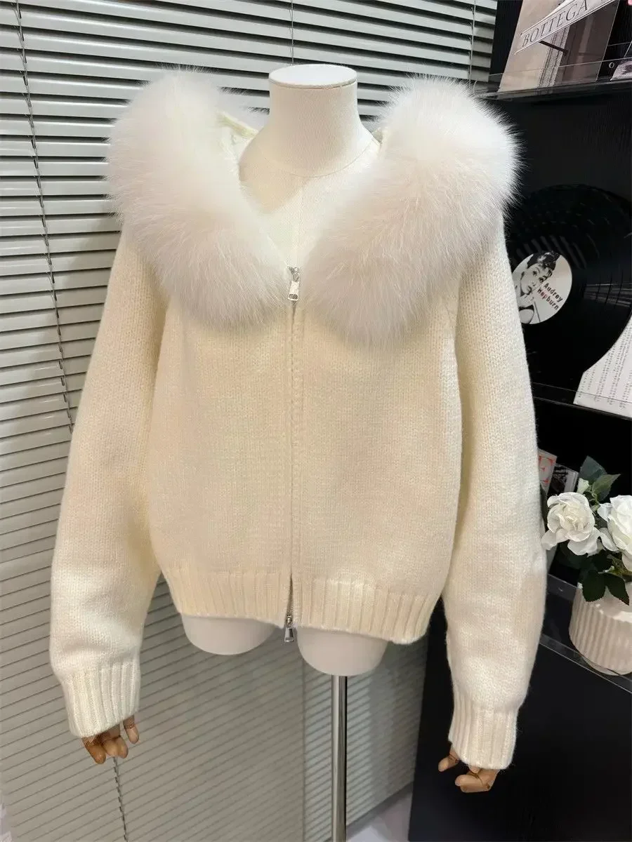 Winter Korean Fashion Causal Hooded Knitted Cardigan Commute Loose Fur Collar Solid Coat Zipper Design Women Cardigan 2024 New