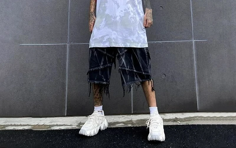 Summer Vintage Diablo Tie-Dyed Rough Jeans High Street Five-Point Shorts Men's