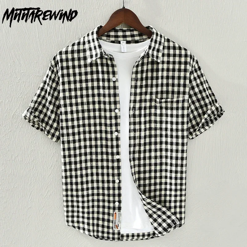 

Лето 2025 г., клетчатые рубашки, мужские повседневные рубашки с лацканами и карманами, с коротким рукавом, мужские рубашки из чистого хлопка, Harajuku, простые Camisa Hombre