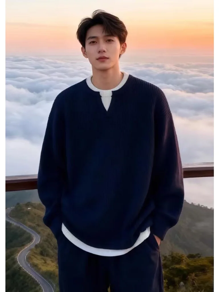 

Мужской вязаный свитер с V-образным вырезом, синий, базовый слой, повседневный, теплый, зимний, с длинным рукавом, пуловер с круглым вырезом