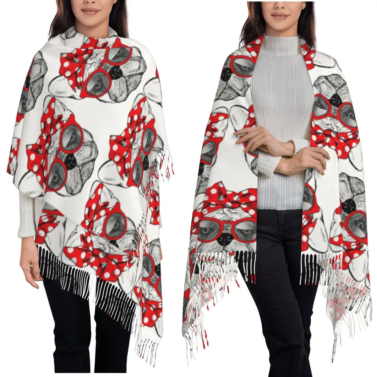 

French Bulldog Dog Scarf Tassel Scarves for Women Soft Warm Shawls and Wraps Large Fall Winter Shawl Wrap