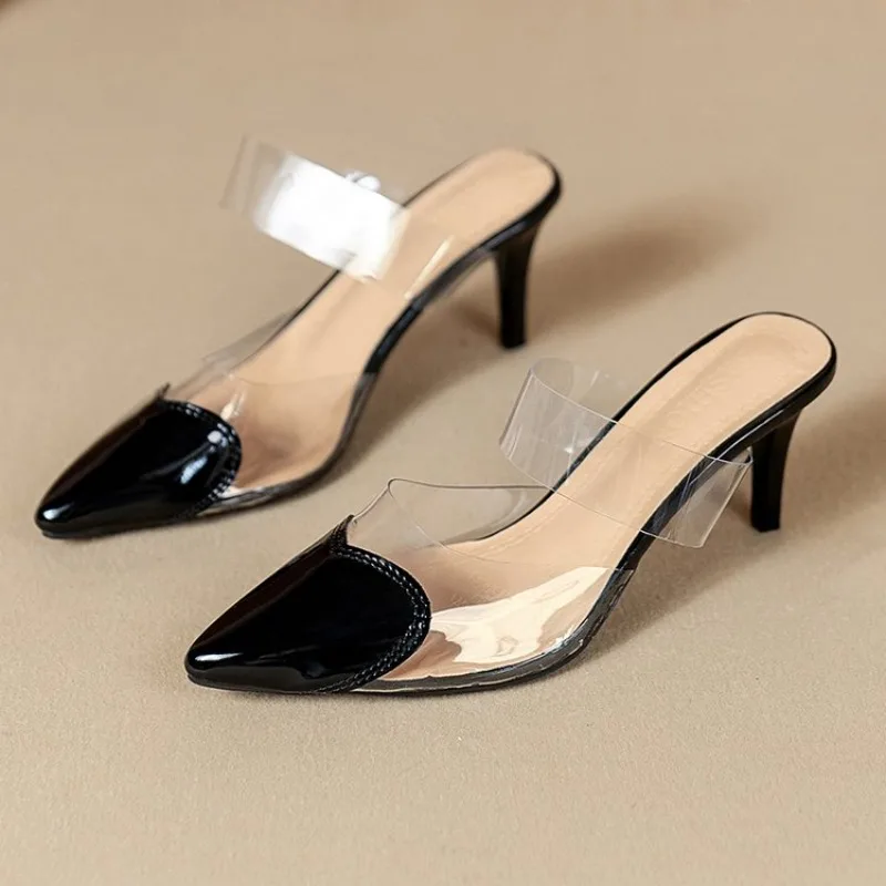 European style sexy heart-shaped transparent headband slippers Summer fashionable pointed-toe highheeled flipflops Women's shoes