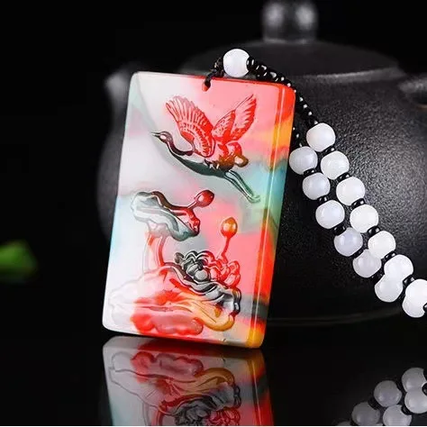 Hetian colored jade jasper all the way, Lianke safe brand pendant, suet white belt, playful square pendant.