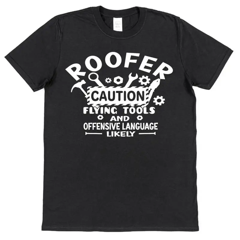 

Roofer Caution Flying Tools Language Roof Builder T Shirt For