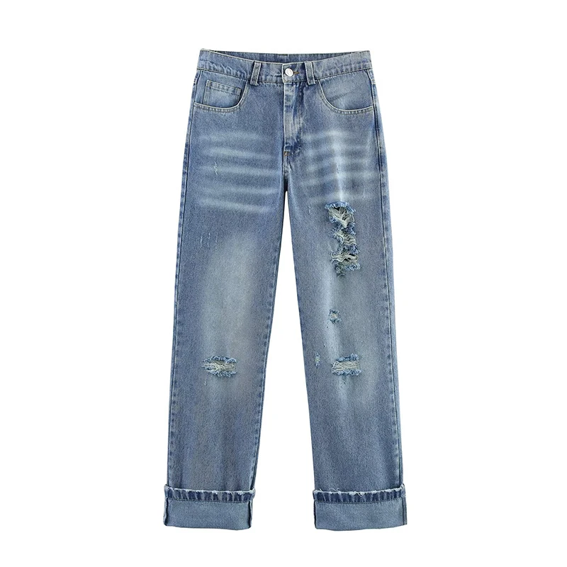 

YENKYE New Fashion Women American Retro With Pockets Mid-Rise Straight Ripped Jeans 2025 Denim Pants