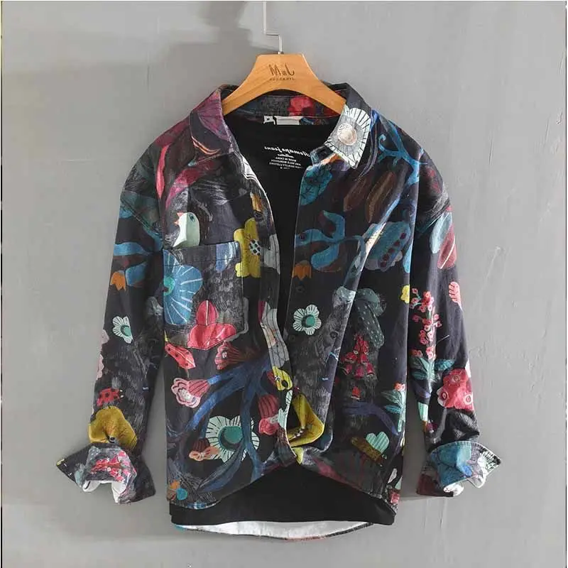 

Retro Personalized Printed Contrasting Long Sleeved Shirt for Men in Autumn Loose and Casual, Suitable for Youth All Match Top
