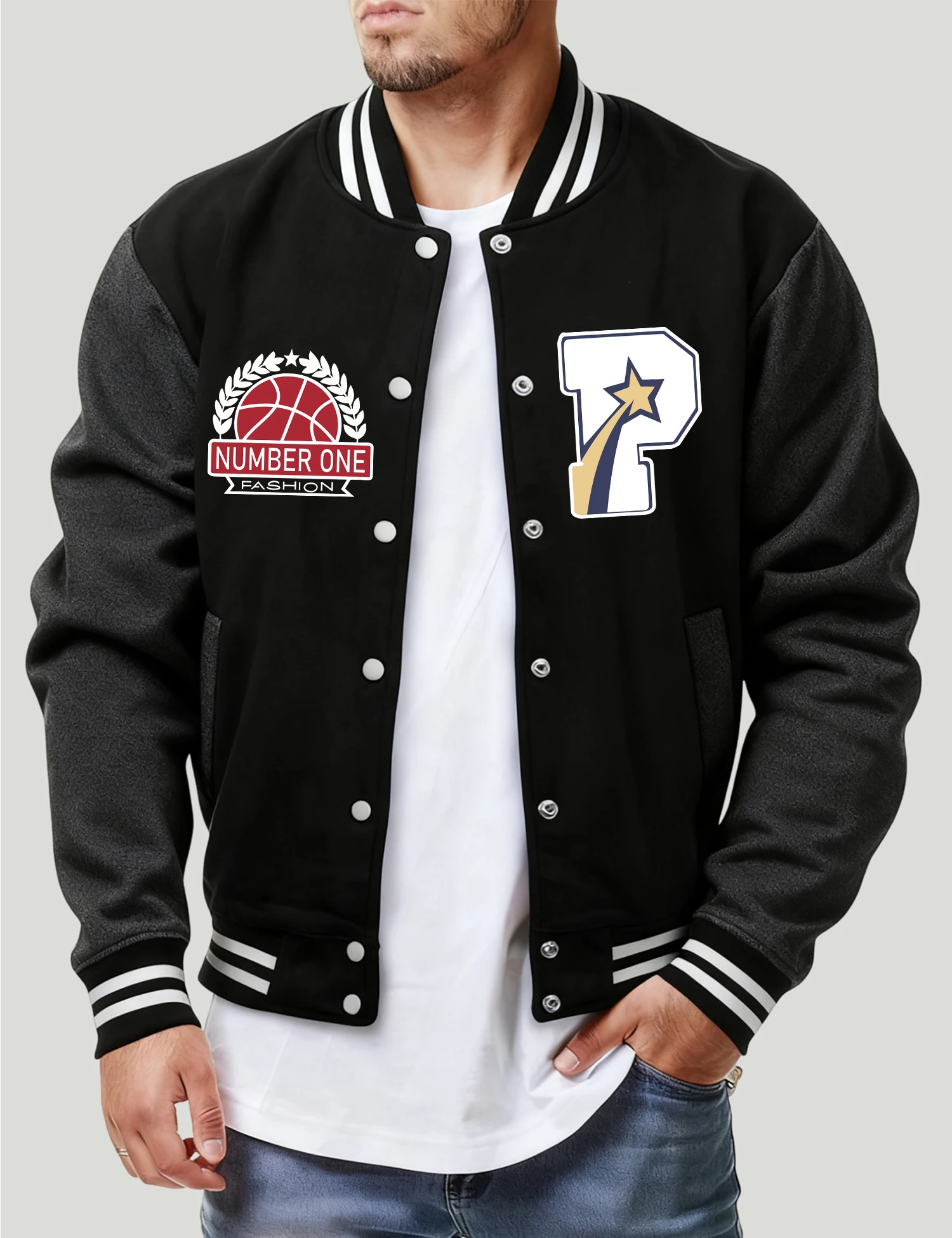 

Number One Fashion Letter P Print Baseball Jersey For Men Hip Hop Casual Jacket Autumn Loose Coat Unisex Fleece Vintage Top