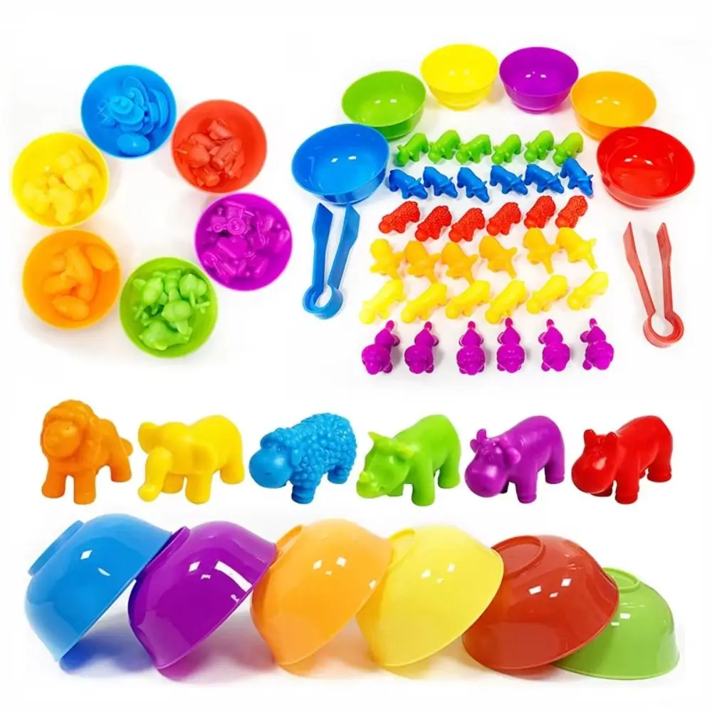 Plastic Sorting Game Animal Puzzle Toy with Rainbow Bowls Counting Dinosaur Color Matching Game Portable Montessori
