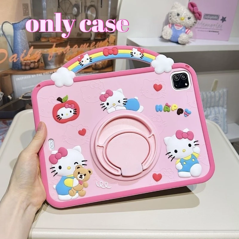 Hello Kitty Ipad Case Cartoon Silicone 360 Degree Rotatable Kickstand Cute Shockproof Protective Cover Lovely Girls Kids Gifts