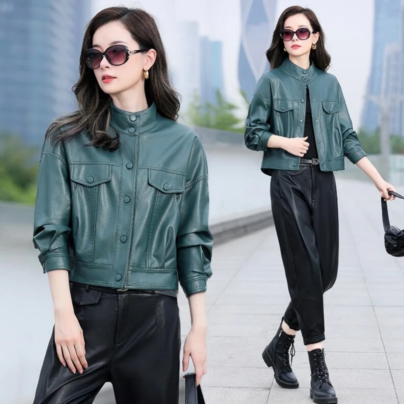 Genuine Leather New Women Casual Leather Jacket Spring Autumn Fashion Small Stand Collar Slim Sheepskin Short Coat Biker Jacket