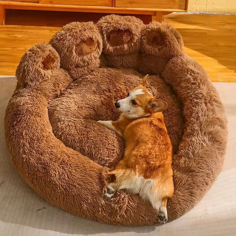 Fluffy Dog Bed Cat Mat Round Large Pet House Sofa Long Plush Deep Sleeping Warm Bear Paw Shape Super Soft Thickened Pet Dog Bed