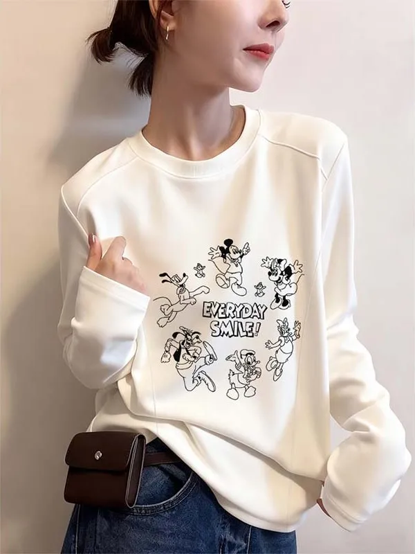 เสื้อยืดผู้หญิงลายการ์ตูนดีไซน์แฟชั่นอเนกประสงค์ ผ้าคาราเมล ฟิโบน เวลเวท บรูด ทรงกลม แขนยาว ให้ความอบอุ่น เหมาะสำหรับเป็นเสื้อตัวใน