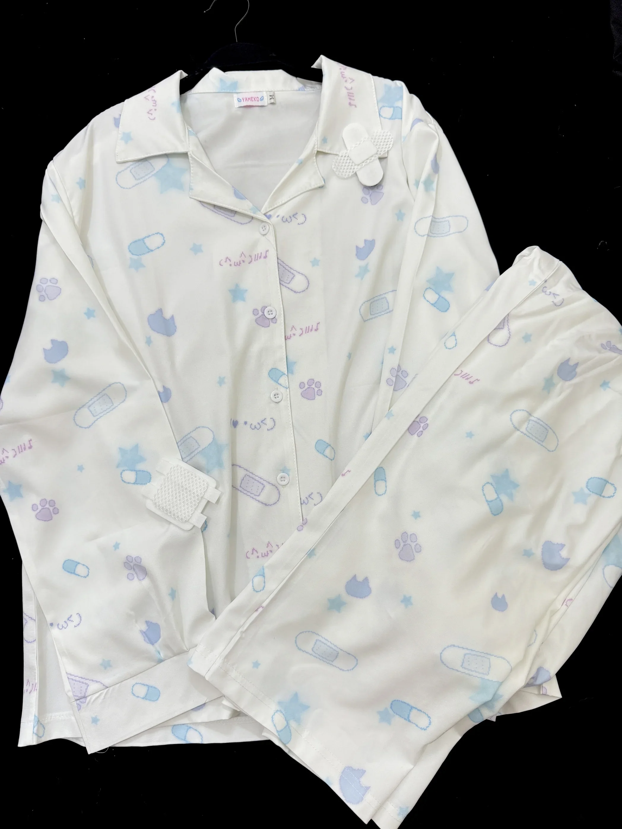 Original Water Color Cute Pajamas Girl Women's Subcultural Cat Paws Cat Head Ice Silk Long-sleeved Shirt and Pants Sleepwear Set