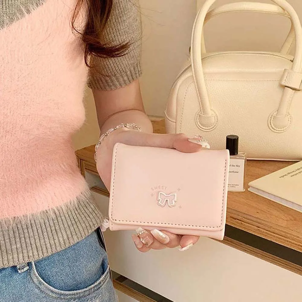 

Pouch Portable Bow Lady Purses PVC Three Fold Short PU Wallet Anti-Splash Water Candy Color Multiple Card Bag School