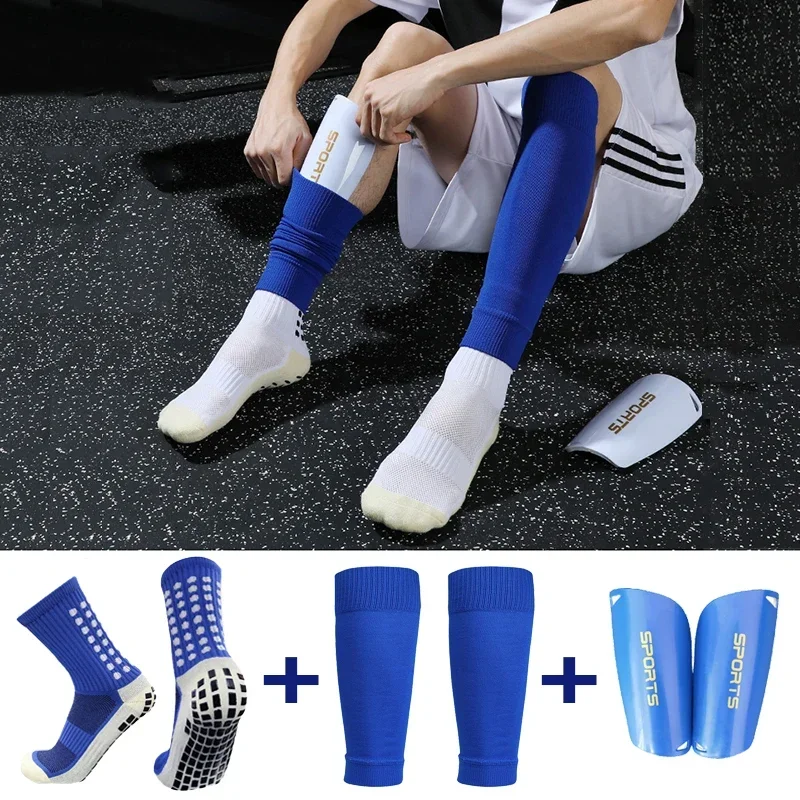 3 Piece Football Equipment Adults Kids Style Anti-Slip Soccer Socks Elasticity Shin Guard Cover Sleeves Sport Shinguards Gear