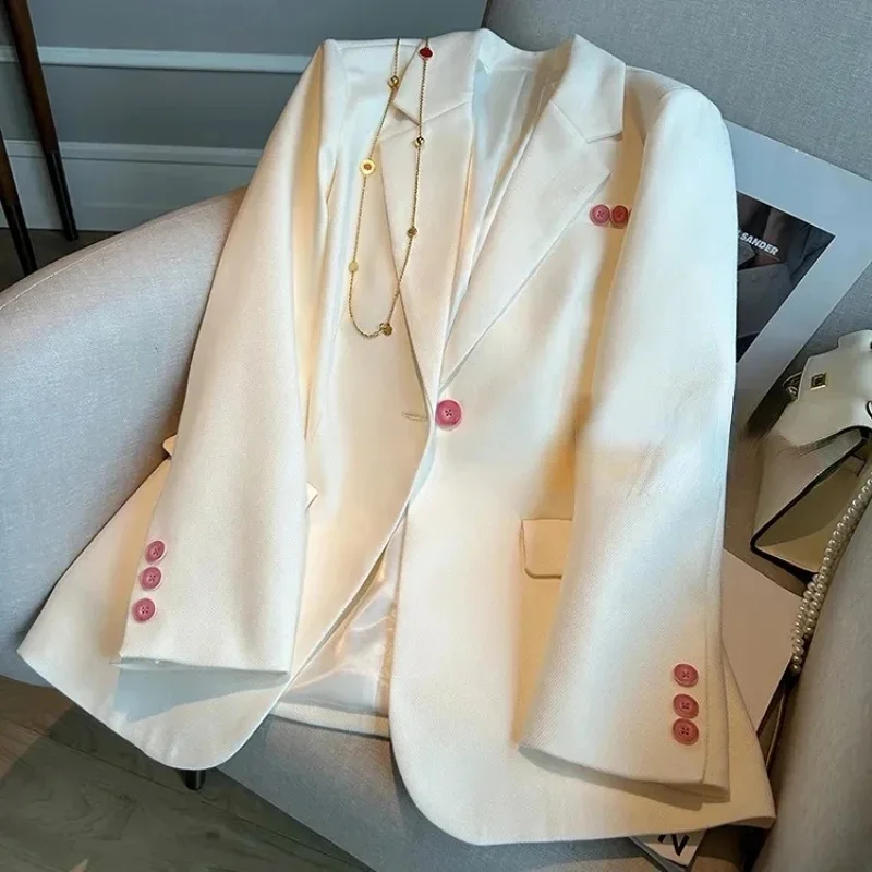 

High-end Luxury Korean Suit White Blazer Jacket Slim Office Ladies Spring Autumn Coat Long Sleeve Buttons Chic Casual Blazers