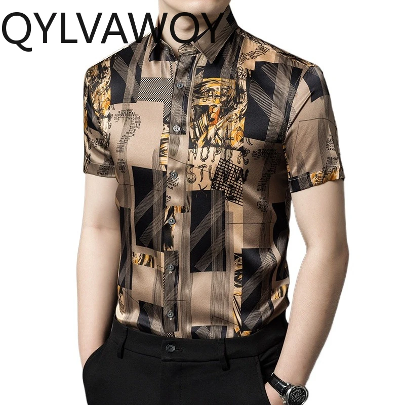 

QYLVAWOY 92% Real Mulberry Silk Men's Shirts Floral Shirt Loose Summer Tops Short Sleeve Shirts for Man Camisas Masculina Casual