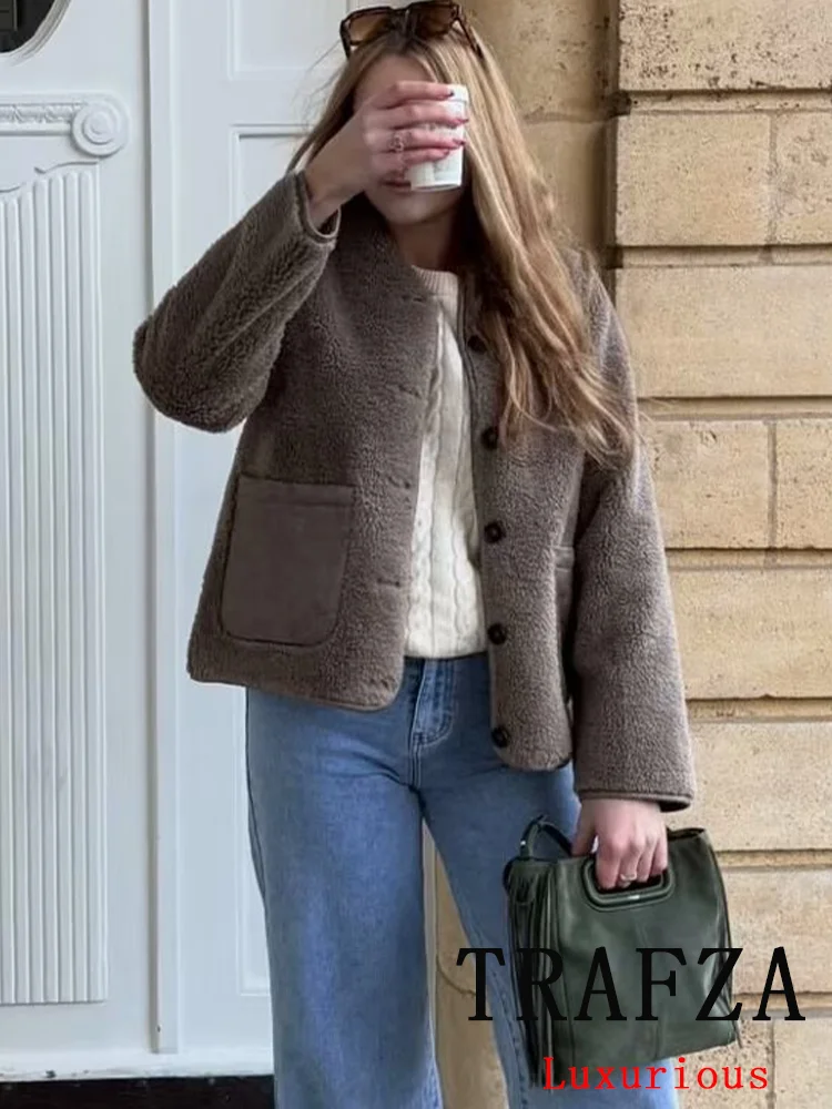 

TRAFZA Vintage Casual Chic Women Jackets Brown Fleece O-Neck Single Breasted Long Sleeve Coat Fashion 2025 Spring Winter Outwear