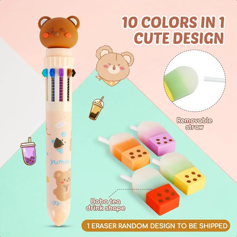 مقلمة Kawaii ومجموعة قرطاسية وردية كاملة مكونة من 61 قطعة مع حافظة بوبا اللطيفة المنبثقة 8 أقلام 50 ملصقات شاي فقاعات متعددة الألوان