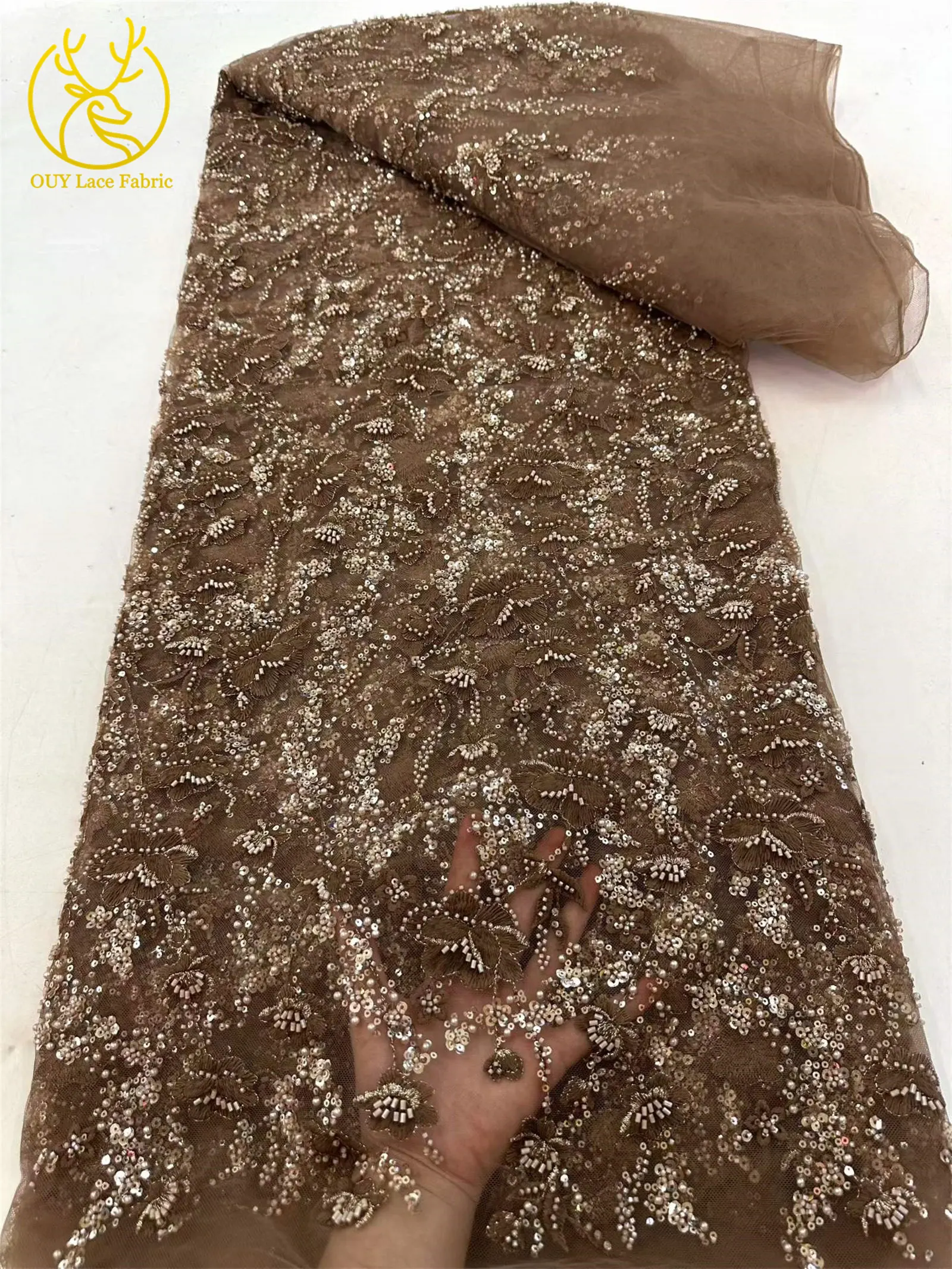 Weißer nigerianischer 3D-Blumen-Stickerei-Mesh-Spitzenstoff, 5 Yards, afrikanischer Spitzenstoff mit Perlen und Pailletten für Hochzeitskleider und Partykleider zum Nähen – Detail 15